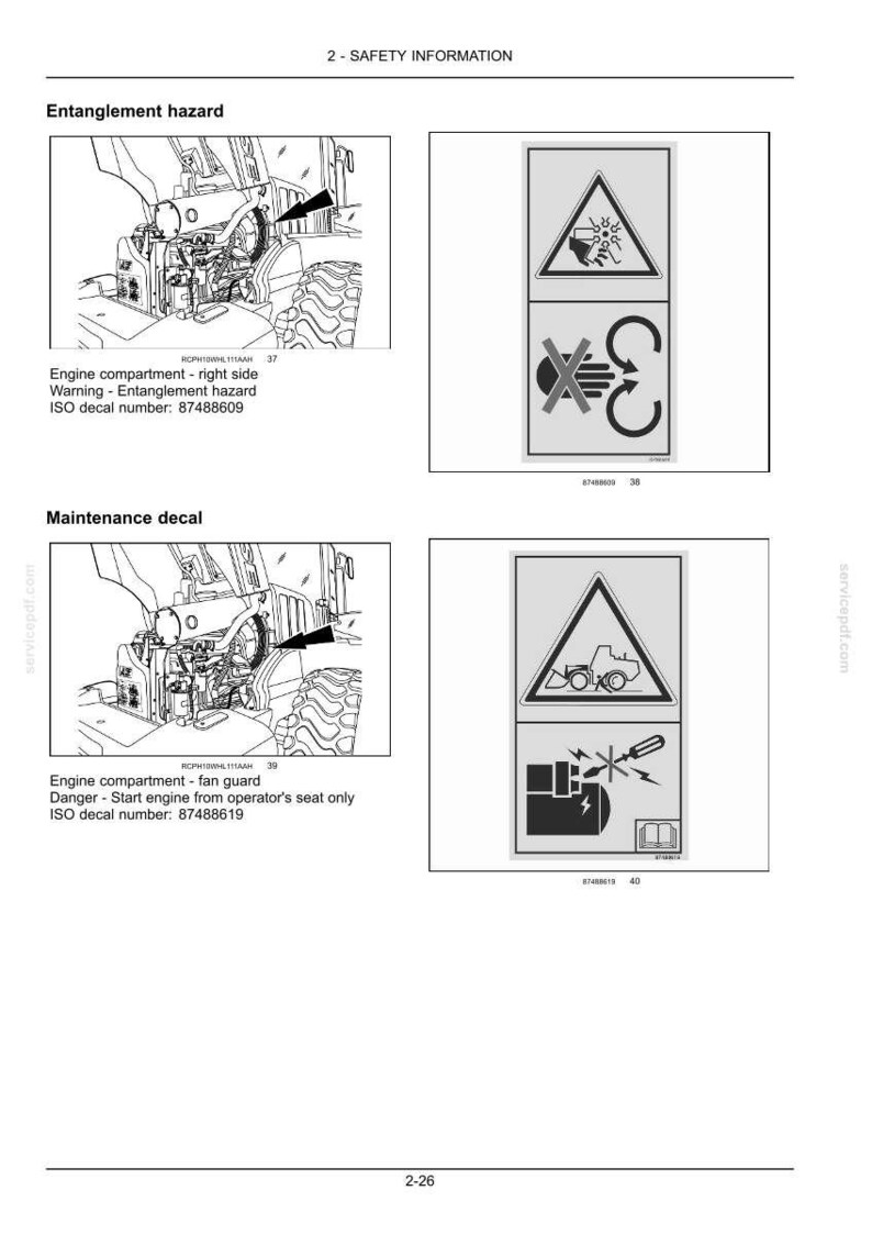 May include: Safety information page with diagrams and warnings. Includes an entanglement hazard warning with a diagram of machinery and a symbol indicating a risk. Also shows a maintenance decal.