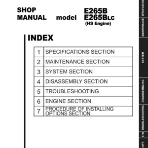 May include: A white shop manual for a New Holland hydraulic excavator, models E265B and E265BLC with HS engine. The cover features an index listing seven sections: specifications, maintenance, system, disassembly, troubleshooting, engine, and options.