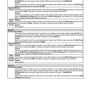 May include: A detailed technical document with troubleshooting steps for electrical systems, focusing on harnesses and connectors. The document includes diagrams, test points, and expected results for diagnosing short circuits. The text is in black and white.