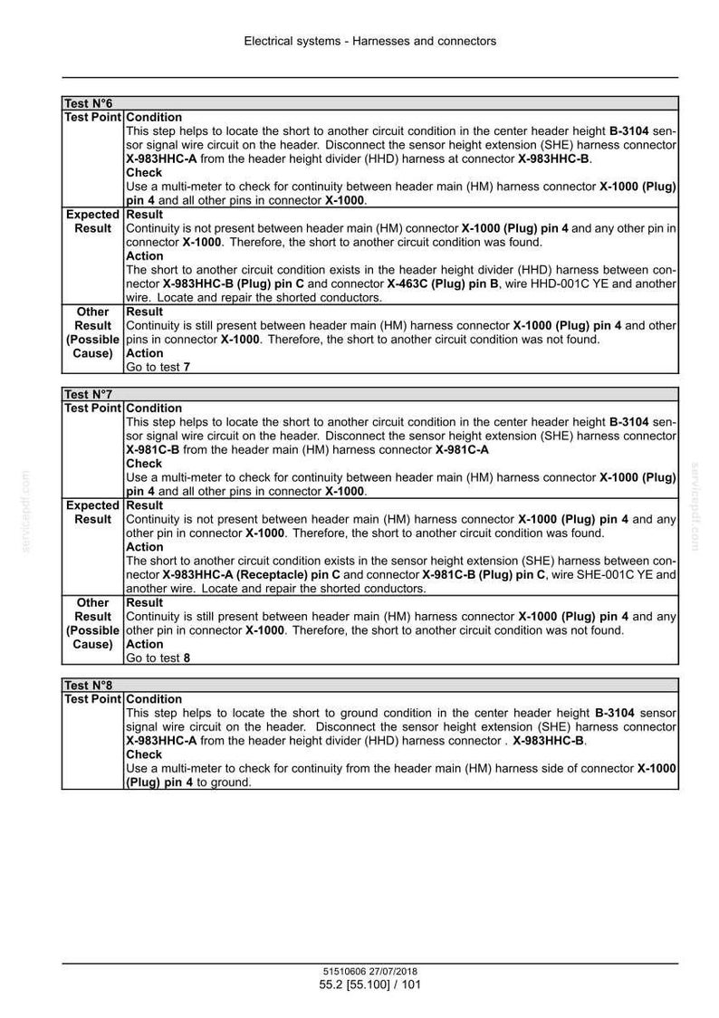 May include: A detailed technical document with troubleshooting steps for electrical systems, focusing on harnesses and connectors. The document includes diagrams, test points, and expected results for diagnosing short circuits. The text is in black and white.
