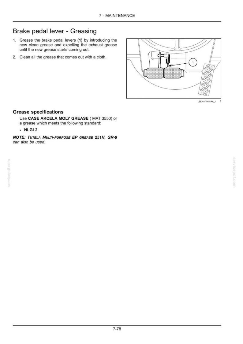 Pu&ograve; includere: Diagramma della procedura di ingrassaggio della leva del pedale del freno. L'immagine include un'illustrazione dettagliata del gruppo pedale del freno, con etichette e istruzioni per l'applicazione del grasso. Il testo include le specifiche del grasso.