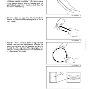 May include: Diagrams illustrating the assembly of a front axle system, including final drive hub, steering knuckles, and shafts. The images show detailed steps for cleaning and assembling various components, such as bevel rings and rubber seals.