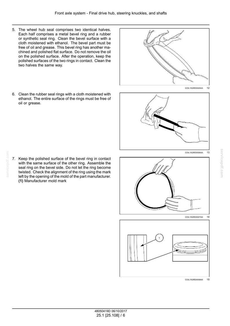 May include: Diagrams illustrating the assembly of a front axle system, including final drive hub, steering knuckles, and shafts. The images show detailed steps for cleaning and assembling various components, such as bevel rings and rubber seals.