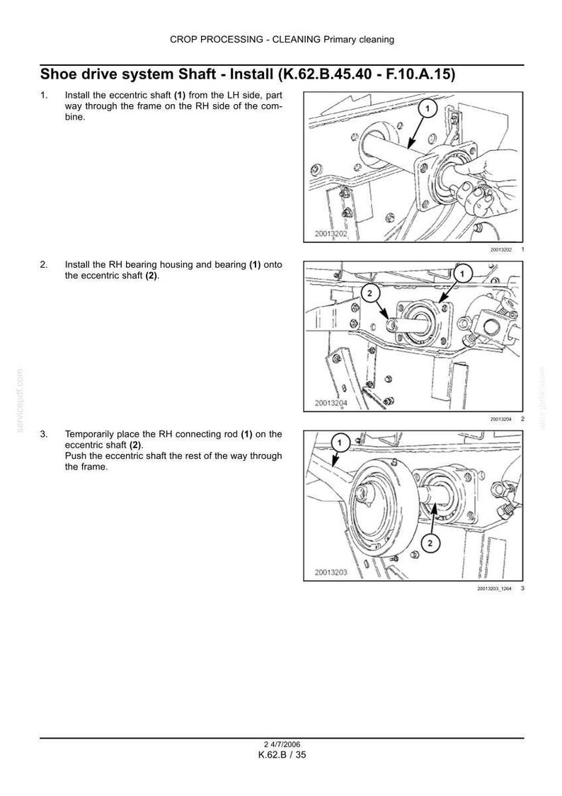 May include: Diagram illustrating the installation of a shoe drive system shaft. The image shows step-by-step instructions with labeled parts, including the eccentric shaft, bearing housing, and connecting rod. Text includes "Shoe drive system Shaft - Install".