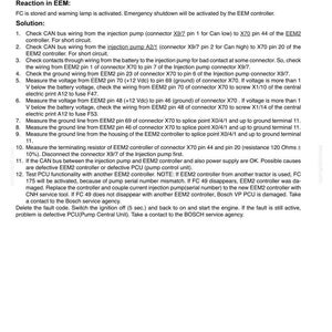 Pu&ograve; includere: Documento tecnico "EEM 49 PCU CAN bus final defect" con passaggi per la risoluzione dei problemi. Include controlli del cablaggio, misurazioni della tensione e istruzioni per il test dei componenti.