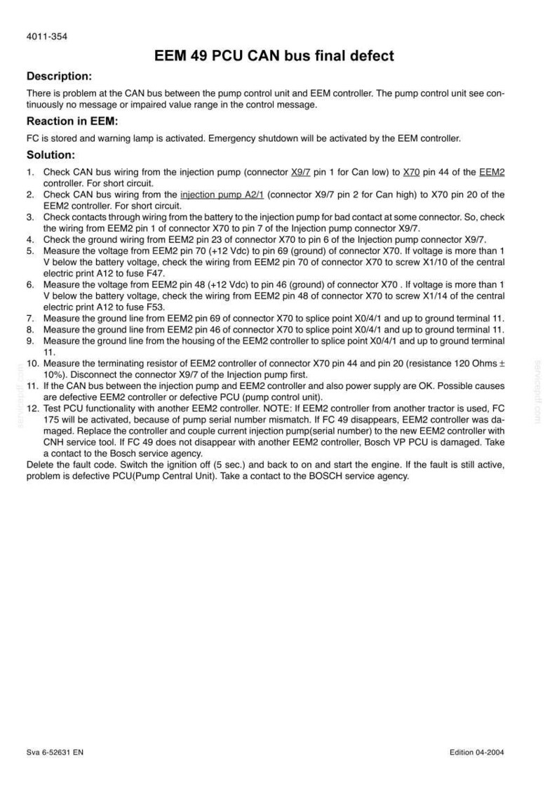 Pu&ograve; includere: Documento tecnico "EEM 49 PCU CAN bus final defect" con passaggi per la risoluzione dei problemi. Include controlli del cablaggio, misurazioni della tensione e istruzioni per il test dei componenti.