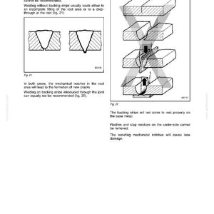 Op de afbeelding: Diagrammen die reparatie lastechnieken illustreren voor scheuren in box-type secties. De afbeelding bevat figuren die het gutsen, lassen zonder rugstrips en lassen op rugstrips tonen, met bijbehorende tekst die mogelijke problemen uitlegt.