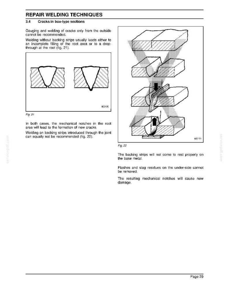 Op de afbeelding: Diagrammen die reparatie lastechnieken illustreren voor scheuren in box-type secties. De afbeelding bevat figuren die het gutsen, lassen zonder rugstrips en lassen op rugstrips tonen, met bijbehorende tekst die mogelijke problemen uitlegt.