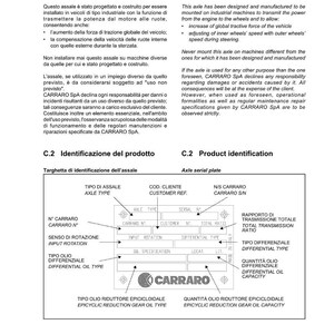 May include: A Carraro product identification sheet with text in English and Italian. The sheet includes diagrams and specifications for an axle, including axle type, serial number, and oil specifications. The Carraro logo is visible.