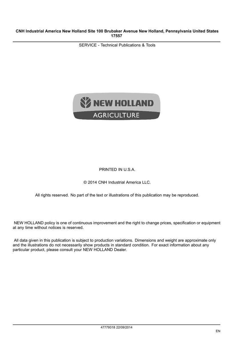 May include: A white document featuring the "NEW HOLLAND AGRICULTURE" logo, text, and copyright details. The document includes the address of CNH Industrial America in New Holland, Pennsylvania, and the date 22/09/2014.