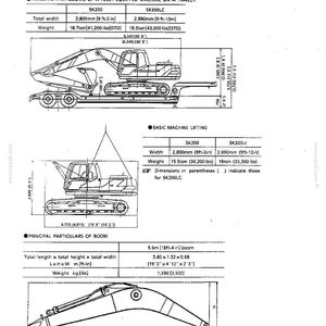 Pode incluir: Uma p&aacute;gina de documento t&eacute;cnico exibindo diagramas e tabelas para escavadeiras SK200 e SK200LC. Inclui especifica&ccedil;&otilde;es para dimens&otilde;es, pesos e capacidades de eleva&ccedil;&atilde;o da m&aacute;quina, junto com um desenho linear detalhado de um componente de lan&ccedil;a.