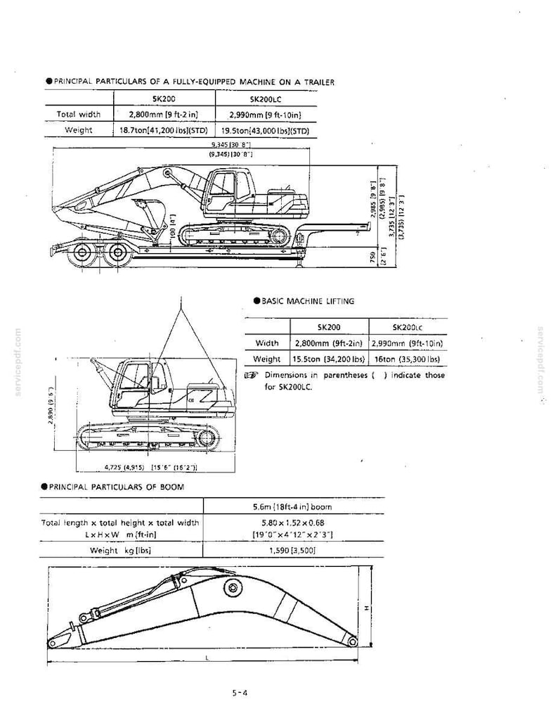Pode incluir: Uma p&aacute;gina de documento t&eacute;cnico exibindo diagramas e tabelas para escavadeiras SK200 e SK200LC. Inclui especifica&ccedil;&otilde;es para dimens&otilde;es, pesos e capacidades de eleva&ccedil;&atilde;o da m&aacute;quina, junto com um desenho linear detalhado de um componente de lan&ccedil;a.