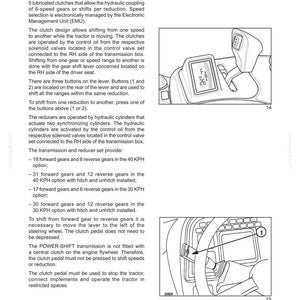 May include: Diagram of a tractor's transmission system, with labels and illustrations. Includes text detailing the semi-powershift transmission, gear options, and operational instructions. Features a gear shift lever and control panel.