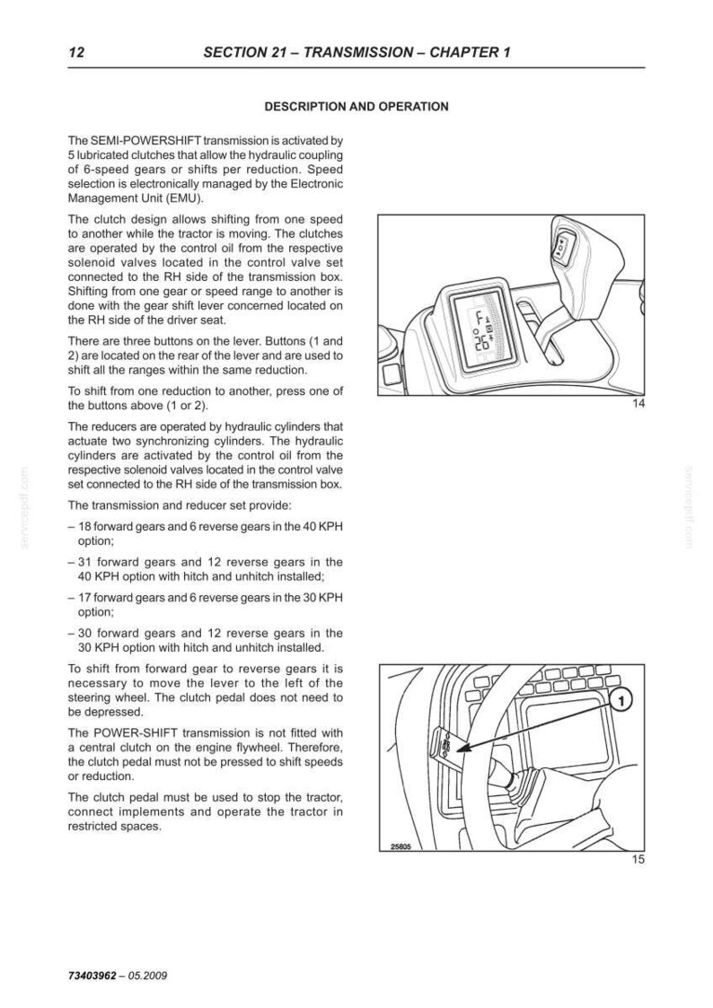 May include: Diagram of a tractor's transmission system, with labels and illustrations. Includes text detailing the semi-powershift transmission, gear options, and operational instructions. Features a gear shift lever and control panel.