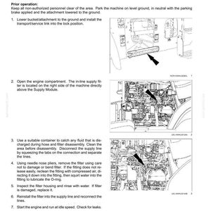 May include: A technical maintenance manual page titled Selective Catalytic Reduction system - Clean in-line supply filter. It features numbered instructions and three black and white line drawings showing the machine components and filter location.
