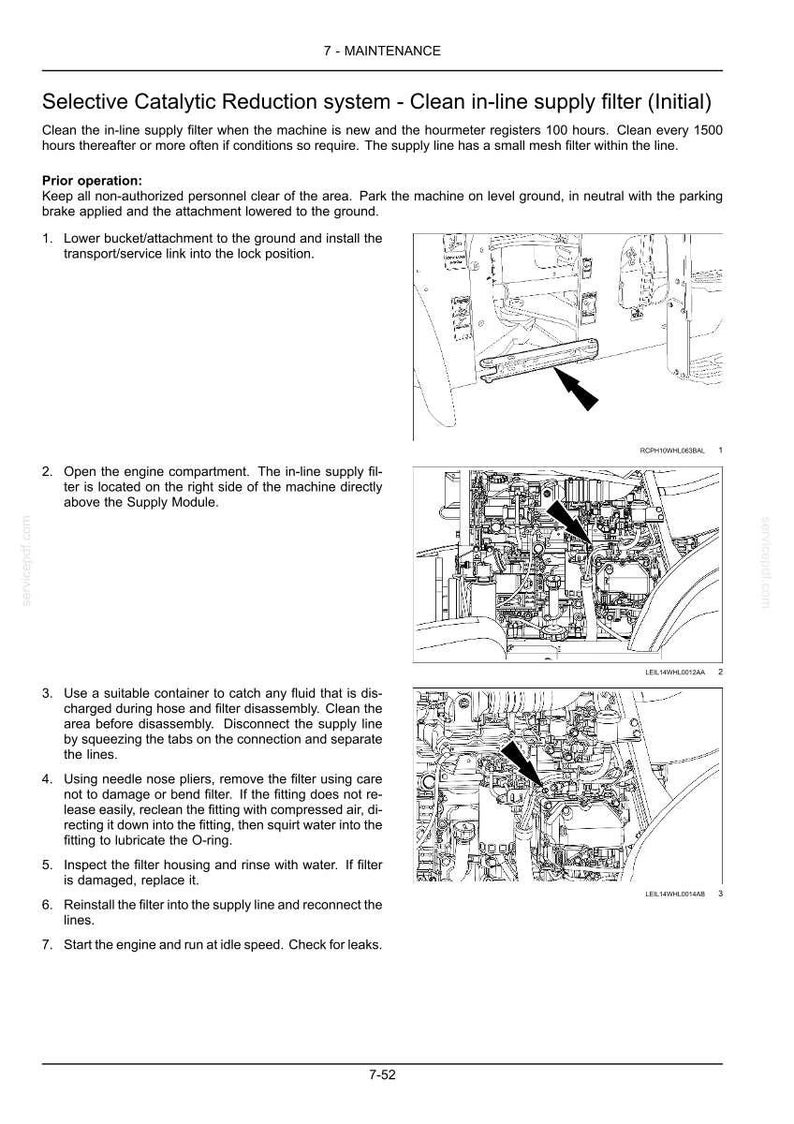 May include: A technical maintenance manual page titled Selective Catalytic Reduction system - Clean in-line supply filter. It features numbered instructions and three black and white line drawings showing the machine components and filter location.