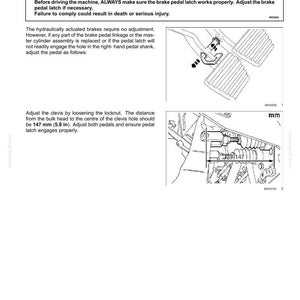 May include: A technical manual page titled CHECK BRAKE PEDAL LATCHING/UNLATCHING with a warning box, text instructions, and two line-art diagrams showing brake pedal components and a measurement of 147 mm or 5.8 inches for the clevis adjustment.