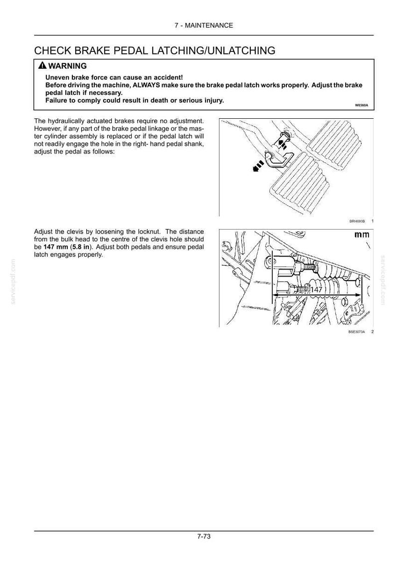May include: A technical manual page titled CHECK BRAKE PEDAL LATCHING/UNLATCHING with a warning box, text instructions, and two line-art diagrams showing brake pedal components and a measurement of 147 mm or 5.8 inches for the clevis adjustment.