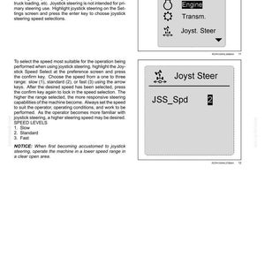 May include: A technical manual page titled 6-WORKING OPERATIONS detailing joystick steering speed selection. It includes two LCD screen diagrams showing menu options like Settings, Engine, Transm., and Joyst. Steer, with a JSS_Spd setting of 2.