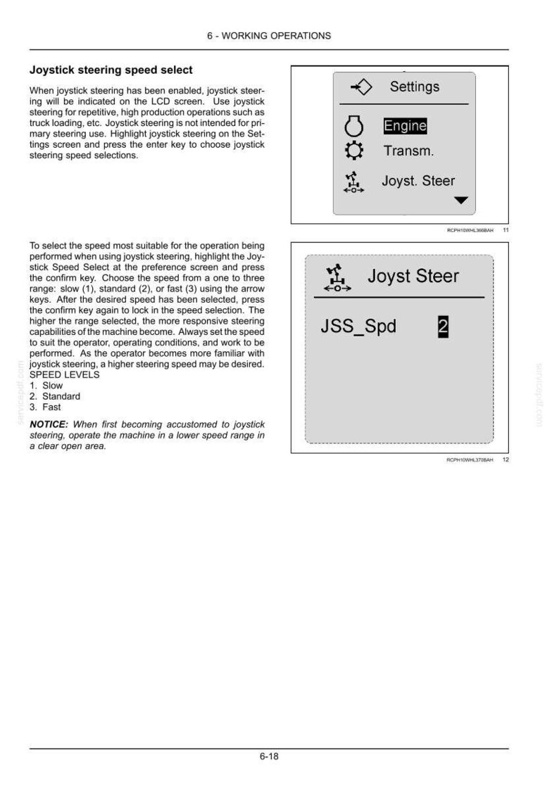 May include: A technical manual page titled 6-WORKING OPERATIONS detailing joystick steering speed selection. It includes two LCD screen diagrams showing menu options like Settings, Engine, Transm., and Joyst. Steer, with a JSS_Spd setting of 2.