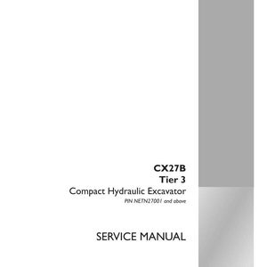 May include: A white service manual for a CX27B Tier 3 Compact Hydraulic Excavator. The cover includes the text "SERVICE MANUAL", the Case Construction logo, and the part number S5PD0003E01. The manual is dated October 2014.