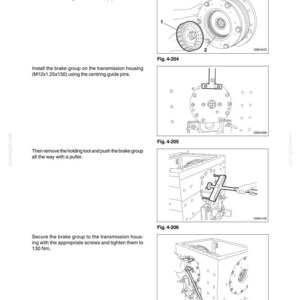 May include: Diagrams from a manual detailing brake and steering differential components. The images show the steps for installing and securing the brake group, including the use of tools and specific torque specifications.