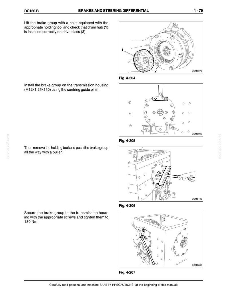 May include: Diagrams from a manual detailing brake and steering differential components. The images show the steps for installing and securing the brake group, including the use of tools and specific torque specifications.
