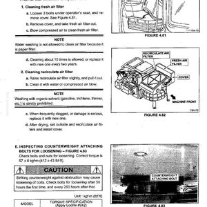 May include: A technical maintenance manual page titled Section IV - MAINTENANCE, featuring diagrams for air conditioner filter cleaning and counterweight bolt inspection. It includes text instructions, figures 4.81, 4.82, 4.83, and a torque specification table for SK80MSR and SK80CS models.