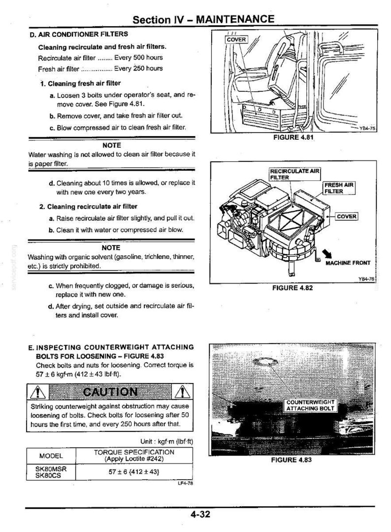 May include: A technical maintenance manual page titled Section IV - MAINTENANCE, featuring diagrams for air conditioner filter cleaning and counterweight bolt inspection. It includes text instructions, figures 4.81, 4.82, 4.83, and a torque specification table for SK80MSR and SK80CS models.
