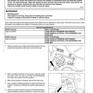 May include: Diagram of engine coolant maintenance procedures. Includes warnings about burn hazards and rotating parts. Instructions detail draining, flushing, and replacing coolant, with specifications for coolant capacity and type.