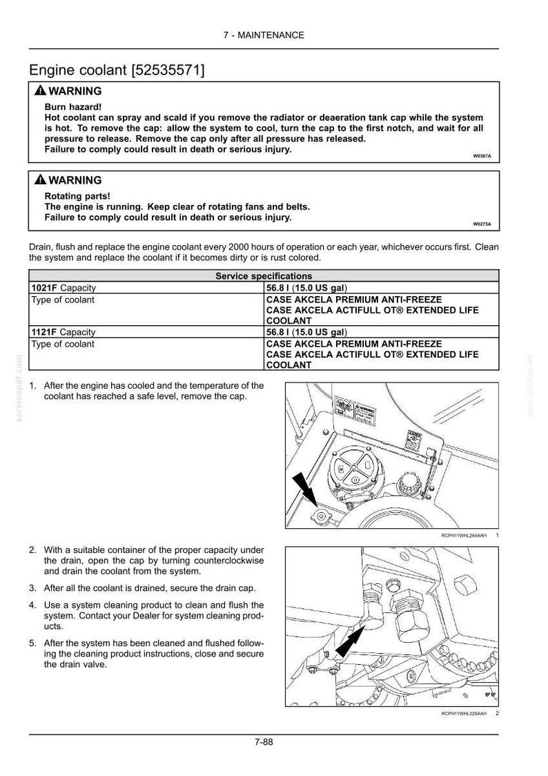 May include: Diagram of engine coolant maintenance procedures. Includes warnings about burn hazards and rotating parts. Instructions detail draining, flushing, and replacing coolant, with specifications for coolant capacity and type.