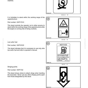May include: Safety information sheet with four warning decals. The decals show tie-down points, a warning about standing near machinery, low sulfur fuel instructions, and slinging points for an excavator.