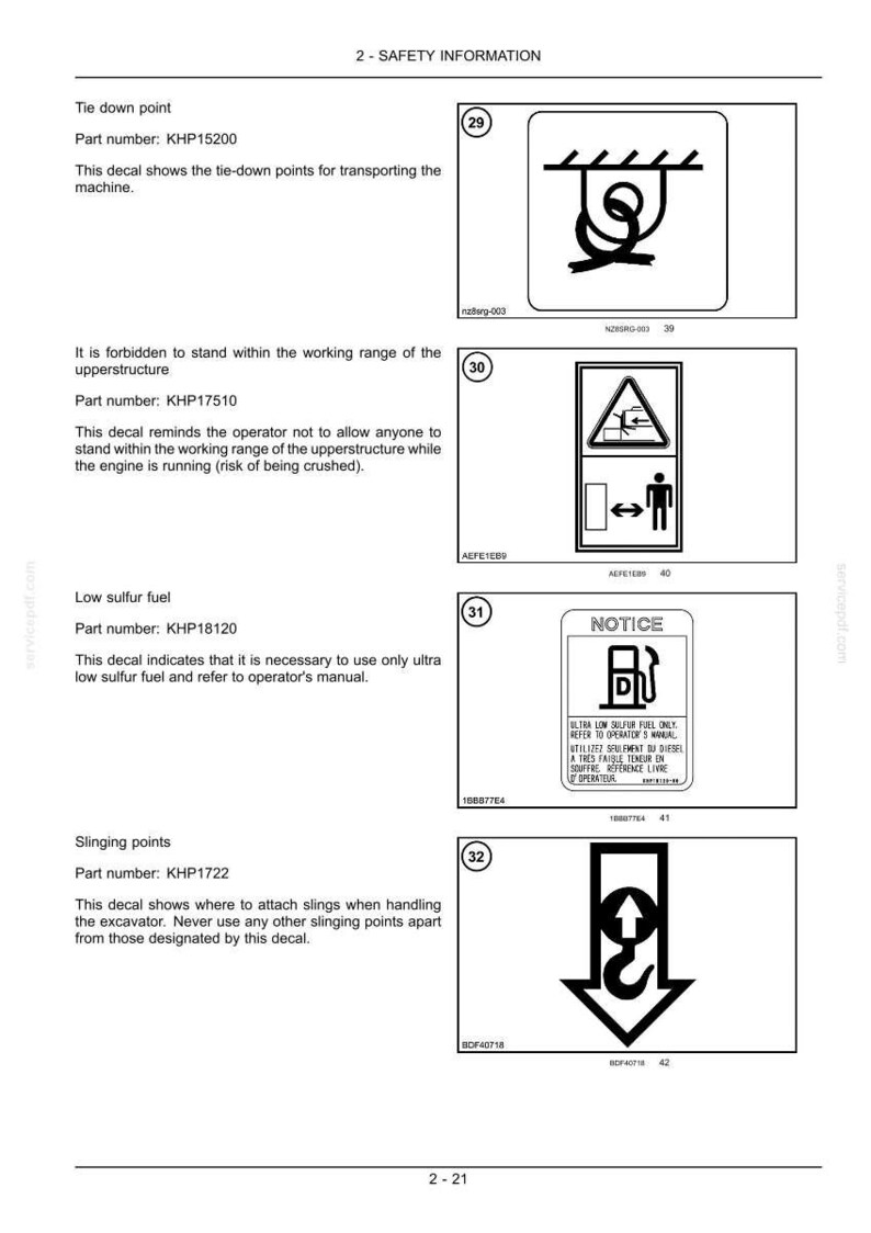 May include: Safety information sheet with four warning decals. The decals show tie-down points, a warning about standing near machinery, low sulfur fuel instructions, and slinging points for an excavator.