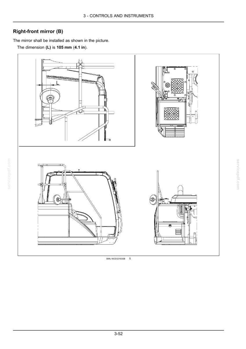 May include: Diagram of a right-front mirror (B) with dimensions. The mirror is shown in multiple views, including a side and front view. The dimension (L) is 4.1 inches.