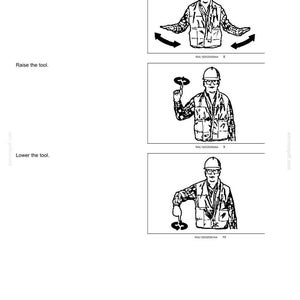 May include: Black and white illustrations depicting safety instructions. The first shows a person with arms outstretched, arrows pointing inward. The second shows a person raising a tool. The third shows a person lowering a tool.