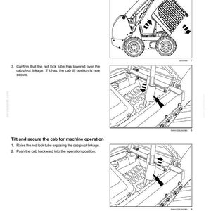 May include: A technical manual page titled 2-SAFETY INFORMATION featuring three black and white line drawings. The diagrams illustrate the procedure to tilt a skid steer loader cab forward and secure it using a red lock tube over the cab pivot linkage.