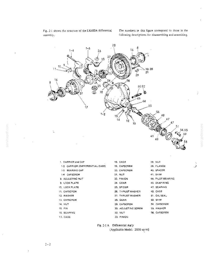 May include: An exploded view technical diagram of an LK600A differential assembly, featuring numbered mechanical components including gears, bearings, caps, and screws, with a corresponding list of parts labeled 1 through 56 below the illustration.