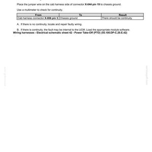 May include: A technical diagram titled "Electrical systems - FAULT CODES" with troubleshooting steps. Includes instructions to check signal circuits, disconnect wiring harnesses, and use a multimeter. The document also references "Wiring harnesses - Electrical schematic sheet 42 - Power Take-Off (PTO)".