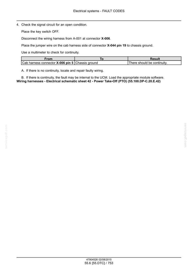 May include: A technical diagram titled "Electrical systems - FAULT CODES" with troubleshooting steps. Includes instructions to check signal circuits, disconnect wiring harnesses, and use a multimeter. The document also references "Wiring harnesses - Electrical schematic sheet 42 - Power Take-Off (PTO)".