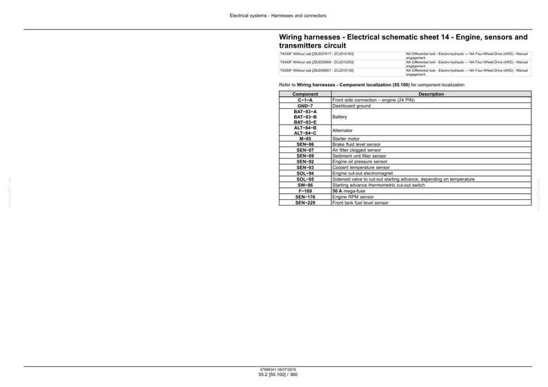 Puede incluir: Un diagrama esquem&aacute;tico detallado de los mazos de cables para un circuito de motor, sensores y transmisores. El diagrama incluye una lista de componentes con descripciones, como bater&iacute;a, alternador y varios sensores. El texto es negro sobre fondo blanco.