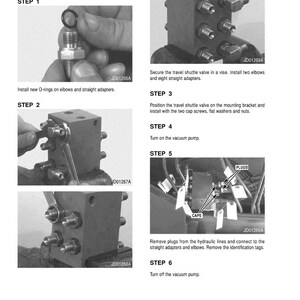 May include: Installation instructions with diagrams for a mechanical component. The steps include installing O-rings, securing a valve, positioning the valve, and connecting hydraulic lines. The image includes text such as "PLUGS" and "CAPS".