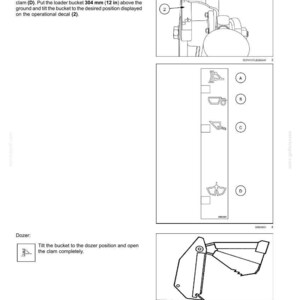May include: Diagram of a 4-in-1 bucket with a position indicator. The diagram shows the bucket's angle when used as a dozer, scraper, loader, or clam. The loader bucket should be 12 inches above the ground.