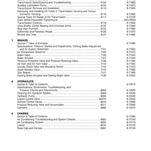 May include: A detailed table of contents from a manual, with sections on Power Train, Brakes, Hydraulics, and Chassis. The text includes section numbers, titles, and form numbers, all in black font on a white background.