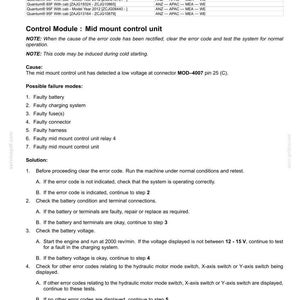 May include: A technical document with fault codes for electrical systems. The document includes a list of codes, possible failure modes, and solutions. The text includes the title "4713-12V key solenoid activation: Voltage too low."