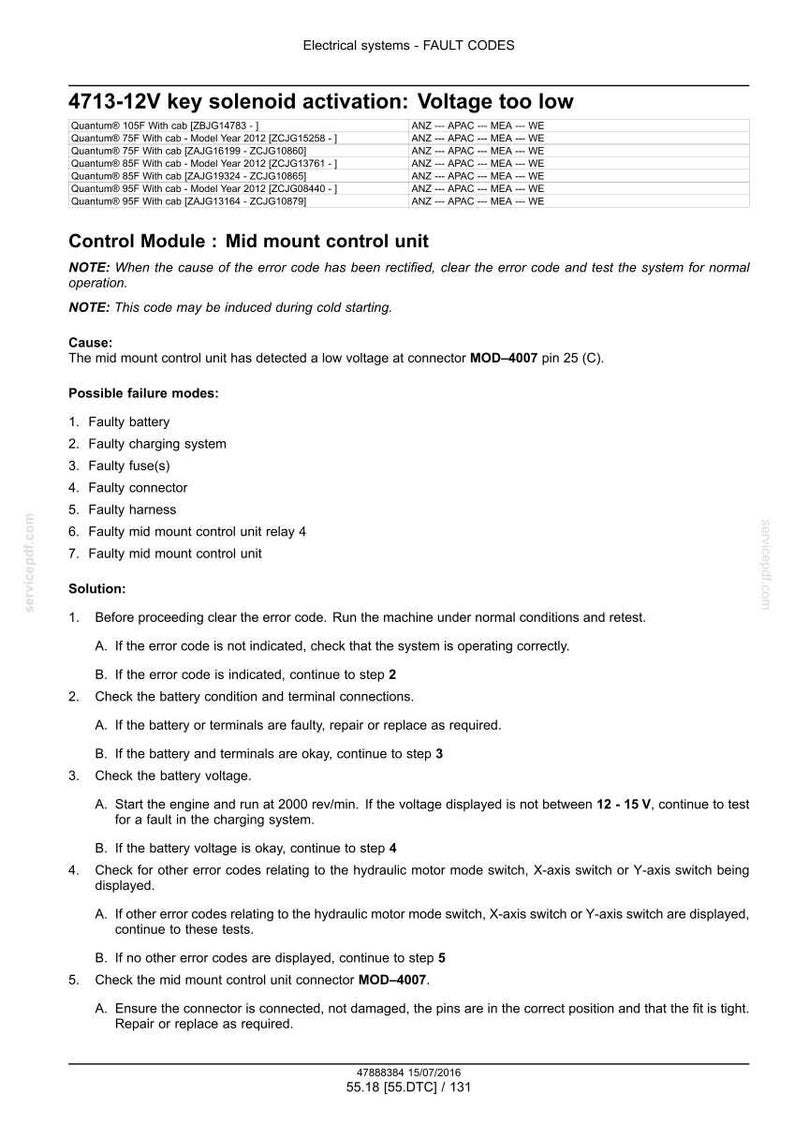 May include: A technical document with fault codes for electrical systems. The document includes a list of codes, possible failure modes, and solutions. The text includes the title "4713-12V key solenoid activation: Voltage too low."