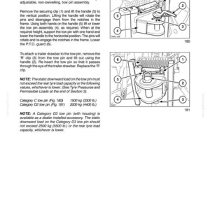May include: A technical manual page titled SECTION 3 - FIELD OPERATIONS featuring two black and white line drawings of a slider frame with non-swivelling tow pins. The diagrams include numbered callouts from 1 to 6, illustrating the tow hitch assembly, handle, securing clip, and P.T.O. guard components for equipment maintenance.