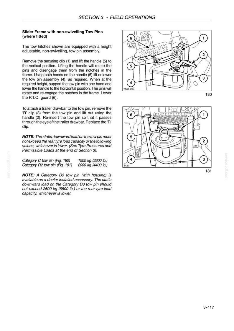 May include: A technical manual page titled SECTION 3 - FIELD OPERATIONS featuring two black and white line drawings of a slider frame with non-swivelling tow pins. The diagrams include numbered callouts from 1 to 6, illustrating the tow hitch assembly, handle, securing clip, and P.T.O. guard components for equipment maintenance.