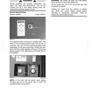 Op de afbeelding: Pagina uit een handleiding met onderhoudsinstructies voor koelvloeistof. Waarschuwingen over hoge temperaturen en brandwonden. Systeemcapaciteit: 56,8 liter. Diagrammen tonen de koelvloeistoftank en de dop met veiligheidsinstructies.