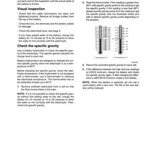 May include: A white document titled "INSPECTING THE BATTERY" with instructions on battery inspection, including visual checks and specific gravity tests. Includes diagrams of thermometers and a battery hydrometer.