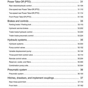 May include: A detailed table of contents from a technical manual, featuring sections on the power take-off, brakes, hydraulic systems, and steering. The text is black on a white background, with page numbers.